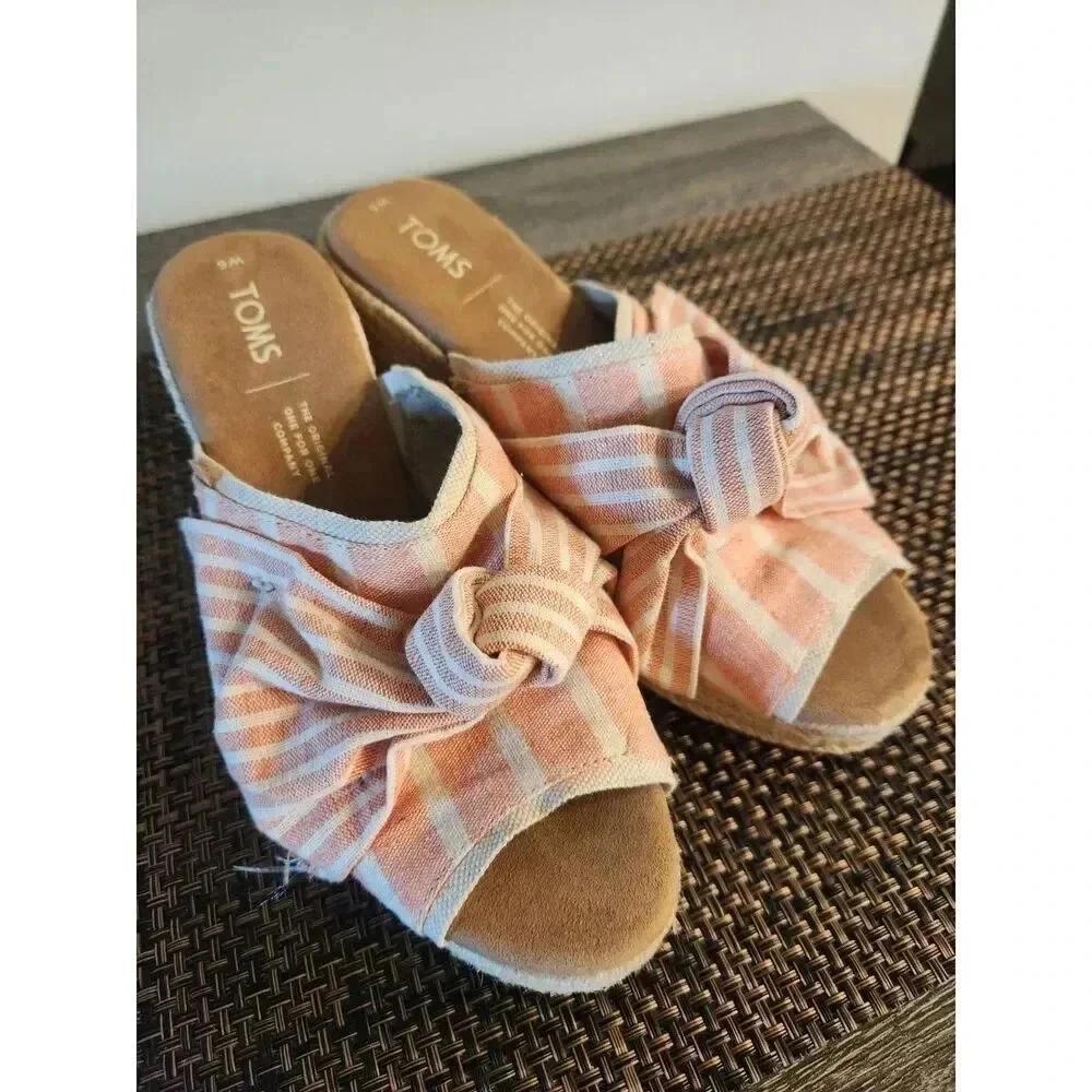 NWOT TOMS Junie Espadrille Cabana Coral Stripe Bow Mules